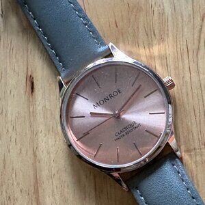 Monroe watch, rose gold with grey leather band.